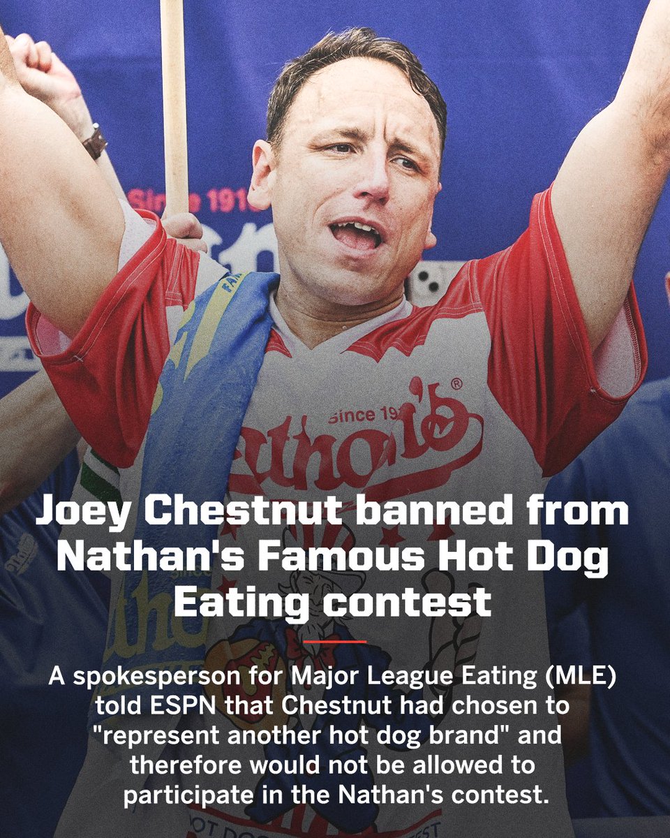 espn's tweet image. Joey Chestnut, a 16-time champion of Nathan's Famous Hot Dog Eating contest, has won the event eight years in a row. 

More: spr.ly/60125eU9G
