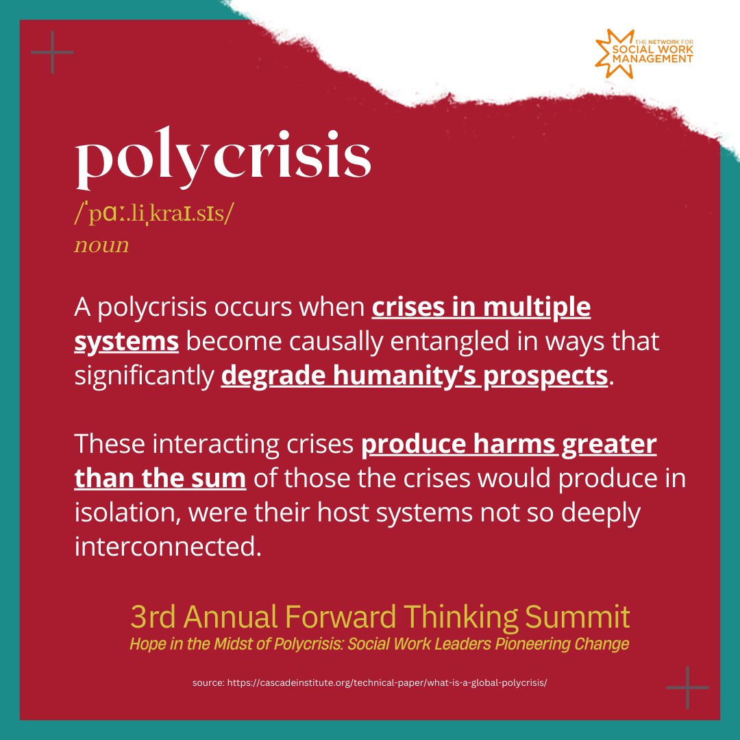 TheNSWM's tweet image. How have you managed polycrises in your work? Share your expertise by submitting a proposal to the 3rd Annual Forward Thinking Summit today. Abstracts due by June 30th: bit.ly/3whfs4d. #PhD #MacroSocialWork