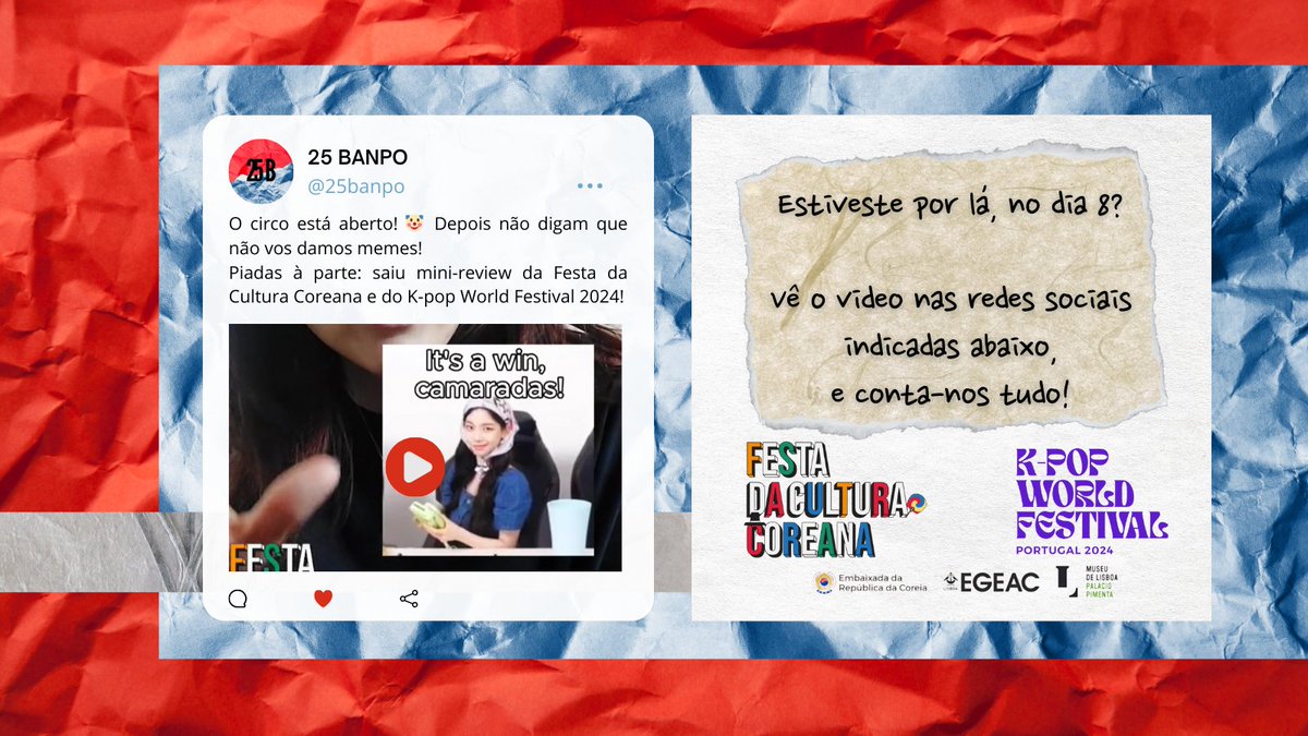 📽️ Já viram a mini-review sobre a Festa da Cultura Coreana e K-Pop World Festival (Portugal 2024)? 

▶️ instagram.com/p/C8FUuzDskk5/
▶️ tiktok.com/@25banpo/
▶️ youtube.com/watch?v=xCCDmy…

📍 Dia organizado pela Embaixada da República da Coreia, no último sábado (8), no <a href="/MuseudeLisboa/">Museu de Lisboa</a>!