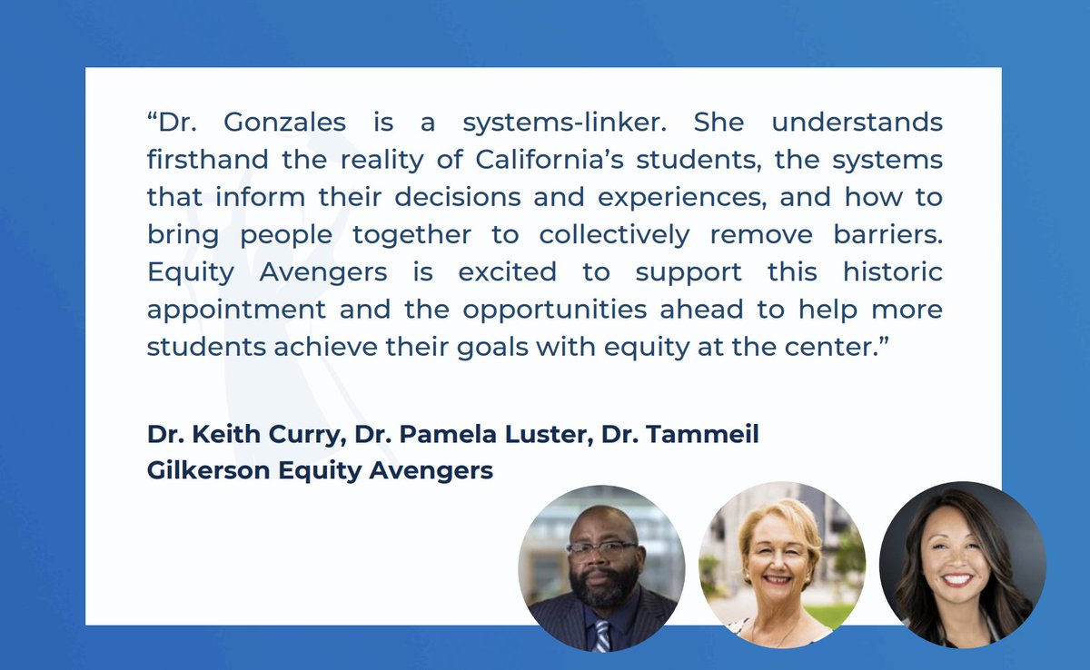 Congratulations are in order for Dr. <a href="/daisygonzales/">Dr. Daisy</a>, a visionary #equityleader who will embark upon leading the <a href="/castudentaid/">CA Student Aid Commission</a>. We know you will continue to lead with "integrity, determination &amp; love." 
equityavengers.com/wp-content/upl…