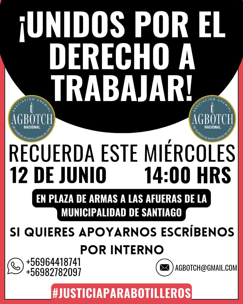 MultigremialN's tweet photo. Reiteramos el apoyo a nuestro gremio botillero @Agbotch_ que mañana se manifestarán frente a @Muni_Stgo para exigir el derecho a trabajar y emprender. Apoyemos a estas pymes que han sido discriminadas! 👇🏻 https://t.co/lClt6uNqQI