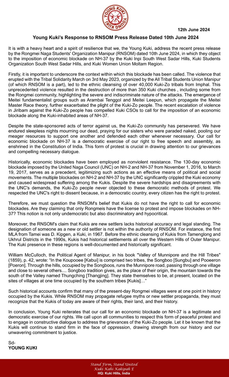 minkukizo's tweet photo. Hello @ukhrultimes, I saw you covered RNSO's Press Release opposing the imposition of economic blockade on NH-37. Can you also cover this response from Young Kuki to RNSO, or do you deem Kukis undeserving of your news coverage? https://t.co/iGquCdOHRe