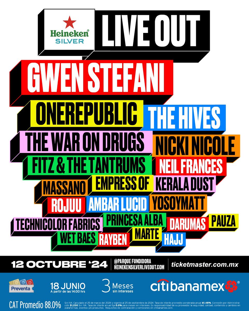 heinekenliveout's tweet photo. Lineup Oficial #HeinekenSilverLiveOut 2024 🌟

Preventa Citibanamex: 18 de junio.
Venta libre: A partir del 19 de junio.

Boletos en Ticketmaster. https://t.co/ArCRN5N3TJ