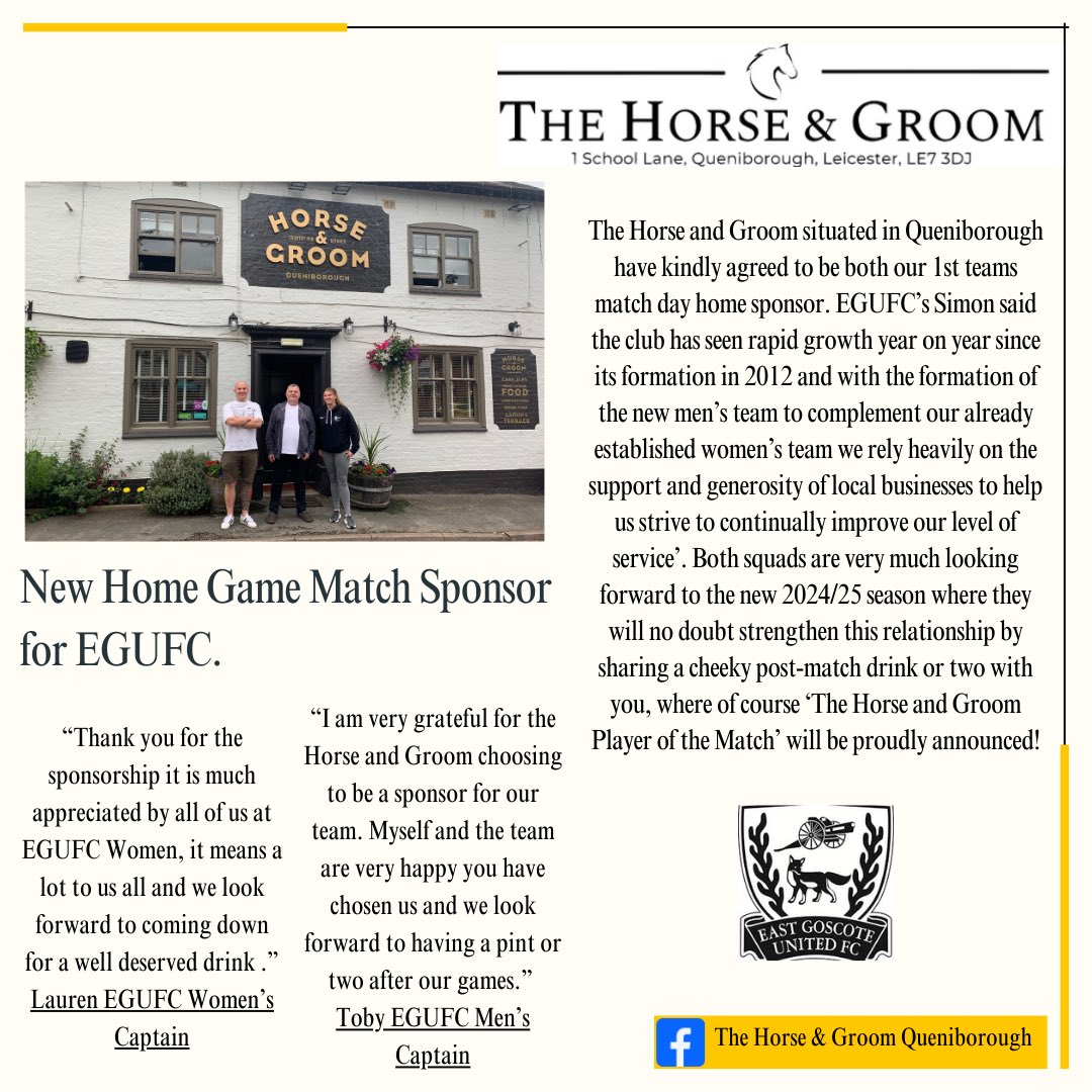 Excited to announce ‘The Horse &amp; Groom’ in Queniborough as our seniors official ‘Home Game Match Sponsor’. This is massive for our senior teams and we can’t thank Landlord Simon enough for his generosity. Both teams are looking forward to seeing you throughout the season!