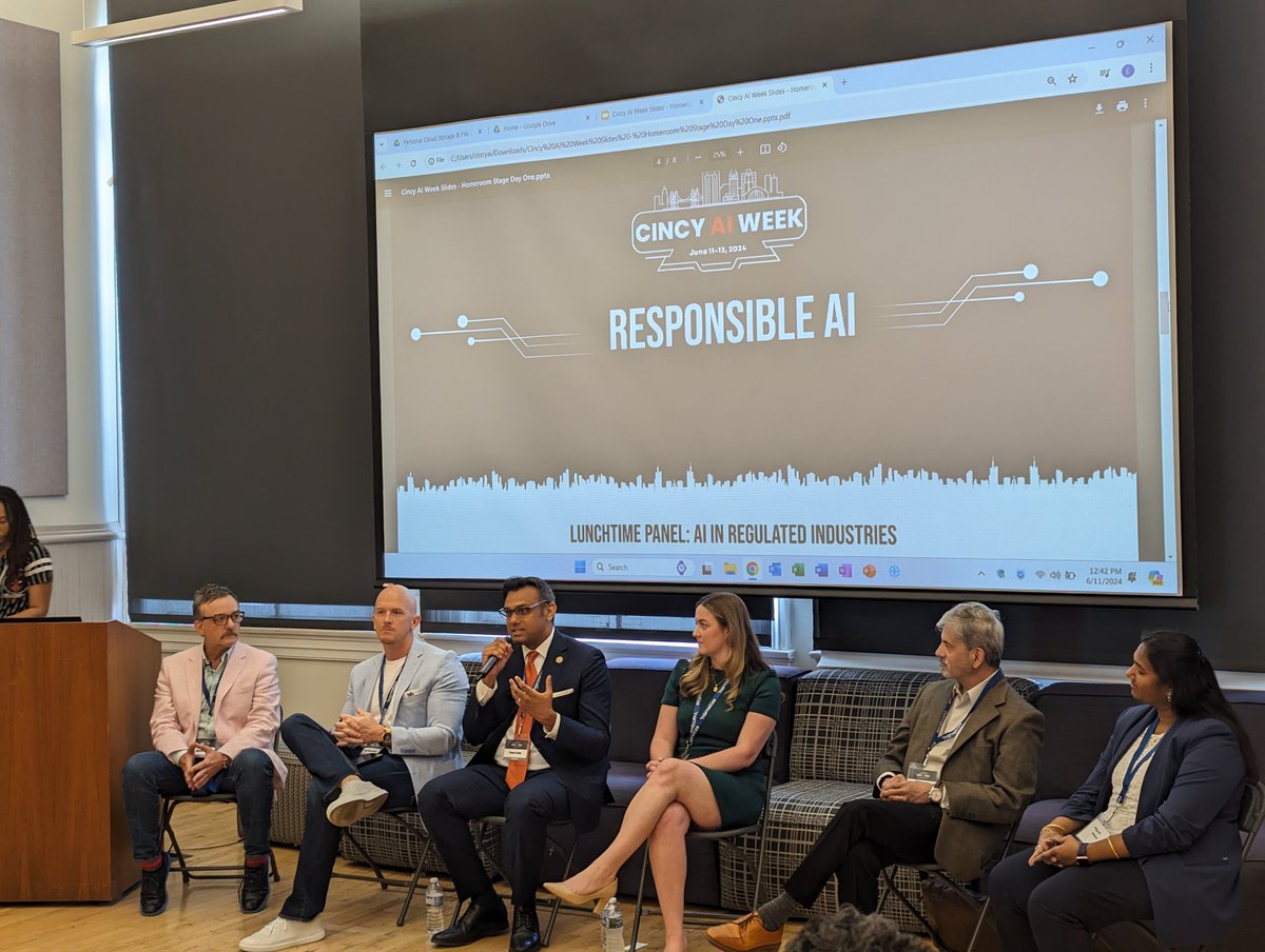 HamCoClerk's tweet photo. Clerk Pavan Parikh joined an insightful panel at @CincyAIWeek, diving into the role of AI in regulated industries. ππ Our community is buzzing with opportunities for learning and collaboration in tech. Exciting times ahead! #CincyAIWeek #TechCommunity #Innovation https://t.co/KMIHlcsmV4