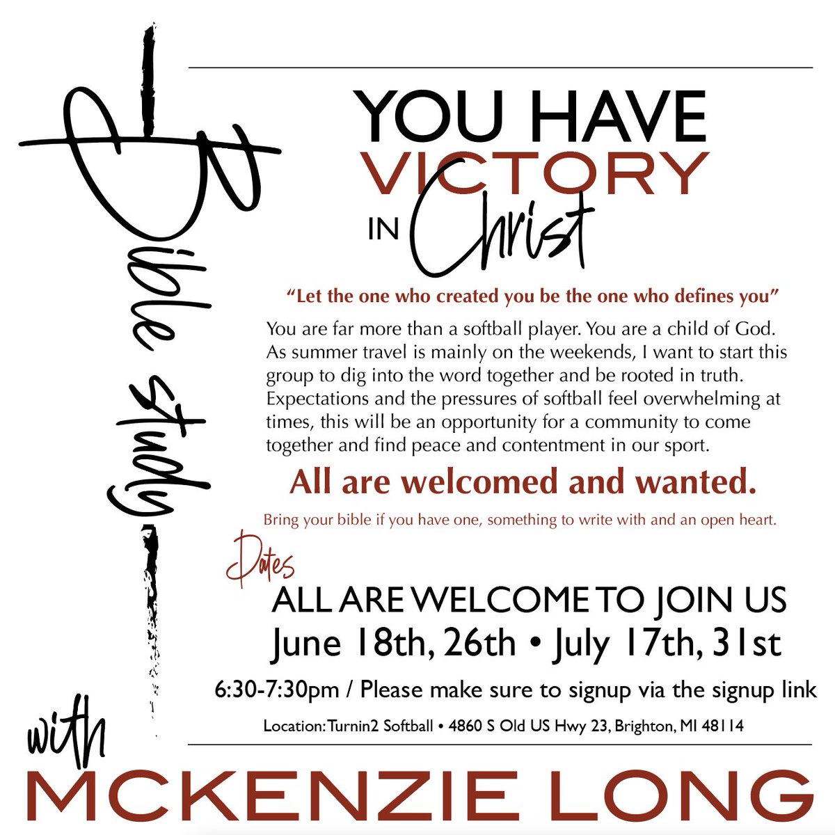 Hi Friends - 
As the summer schedule gets busy and weekends are being spent at the ball field; it’s been on my heart to start a community for softball players to have a safe place to foster a relationship with the God who values us beyond our success and to use softball as our