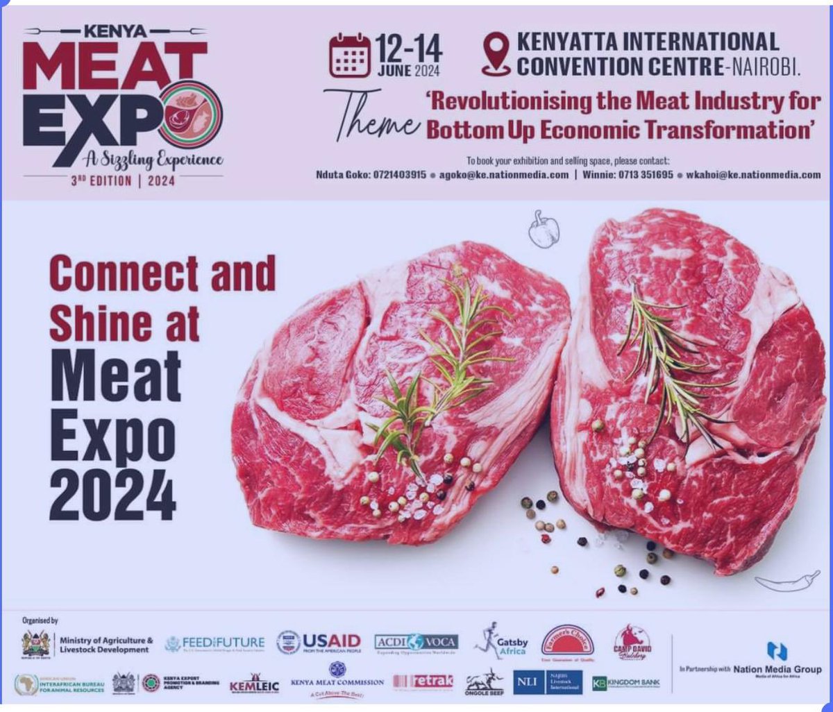 au_ibar's tweet photo. We are excited to be part of the 2024 #KenyaMeatExpo - 3rd Edition, taking place in Nairobi from 12-14 June ‘24. Join AU-IBAR as we unlock the potential of #feed & #fodder, revolutionizing the livestock sector🌾 #RAFS #FeedAndFodder #LiDeSA
More on this: https://t.co/WJNF7Ml955 https://t.co/D5CzjF2cBs