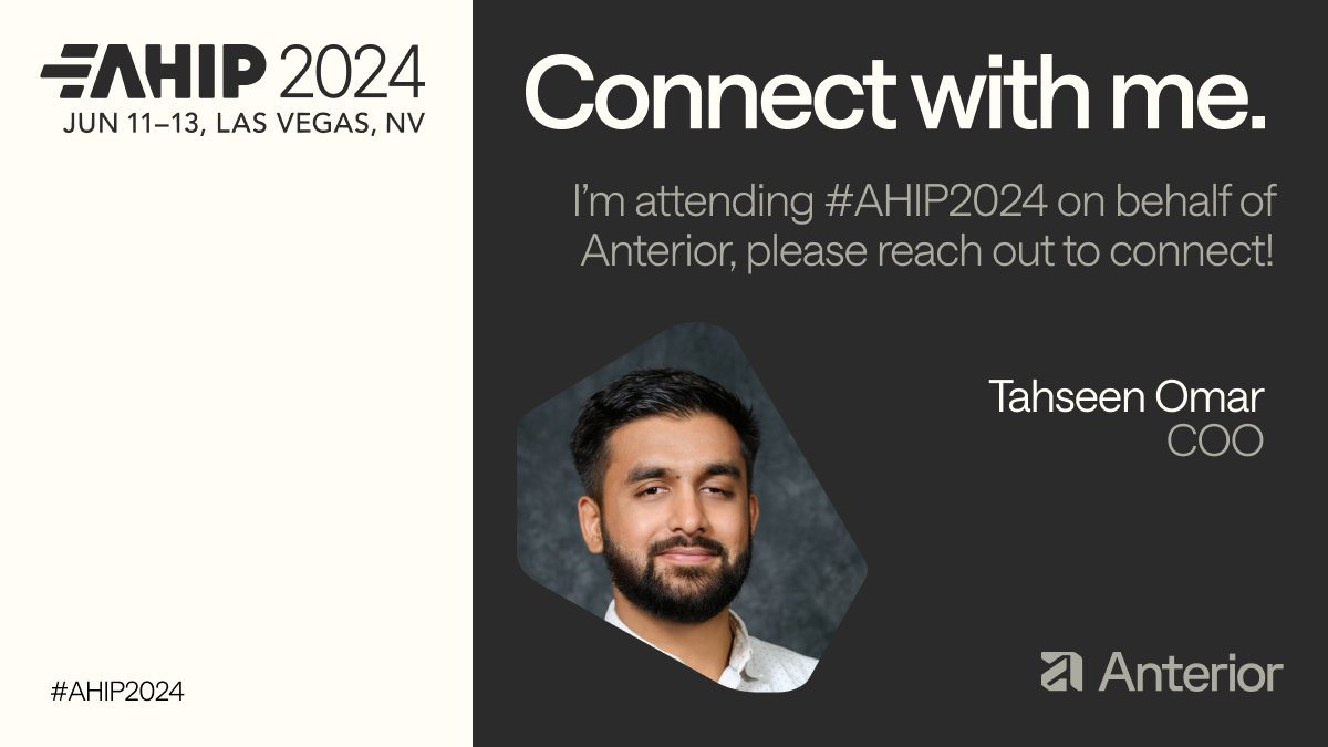 AnteriorAI's tweet image. Our team is at #AHIP2024. Visit Booth 1509 to see our demo and learn how AI can optimize your clinicians' claims reviews!