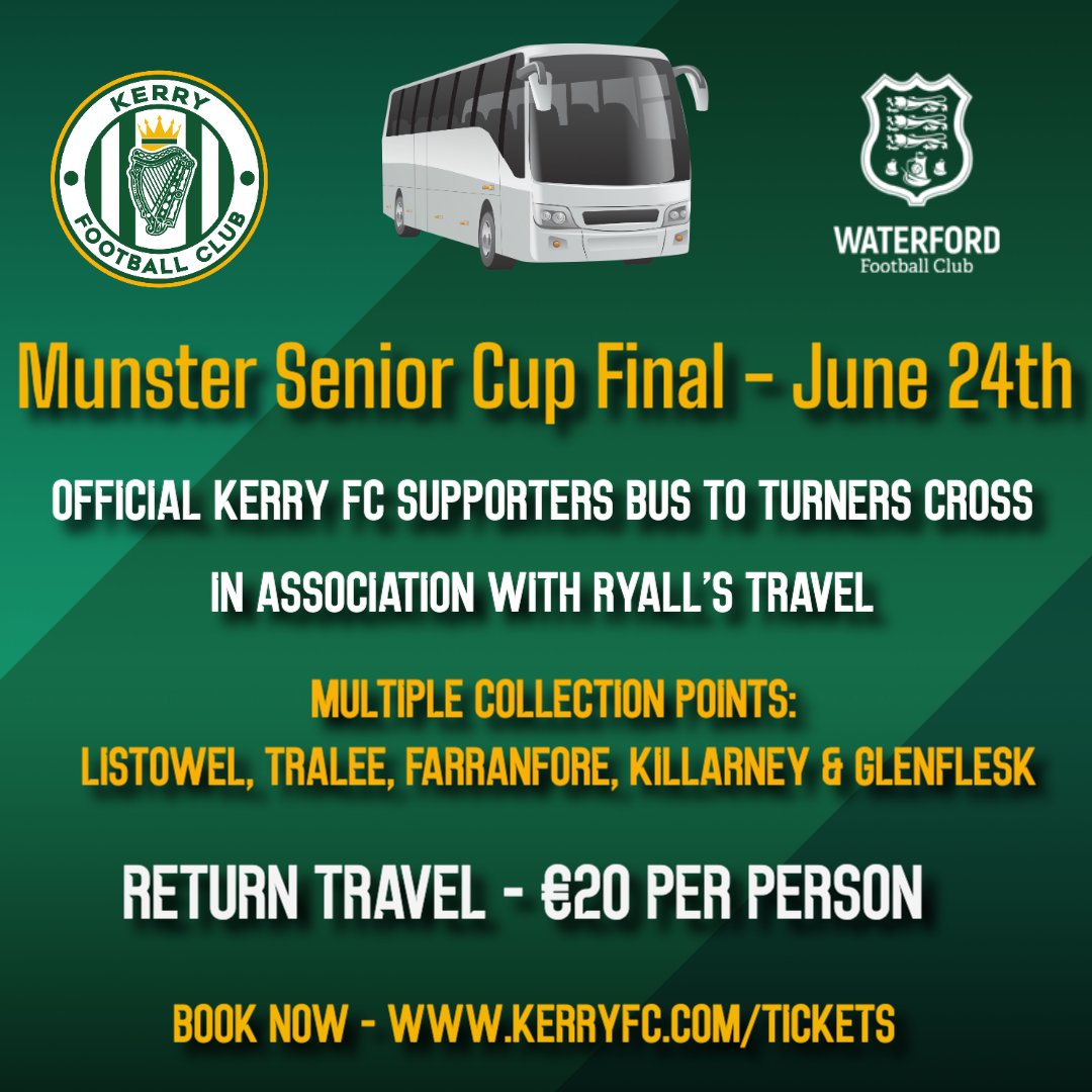 KerryFC's tweet photo. Get on the bus to Cork! 🚎🟢⚪️

The club is running a supporters bus for the upcoming Munster Senior Cup Final in Turners Cross!

Multiple stops on the route which starts in Listowel!

Spaces are limited so book now!

🔗 https://t.co/GiQn8zxTMA

#WeAreKerryFC https://t.co/OJvwOnMOXe