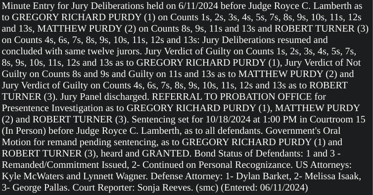 sfoguj's tweet photo. JURY VERDICT: Matthew Purdy found NOT GUILTY on the two Class A Misdemeanors and GUILTY on the two Class B Misdemeanors. Gregory Purdy and Robert Turner found GUILTY on all charged counts. https://t.co/4hE1F2DVdJ