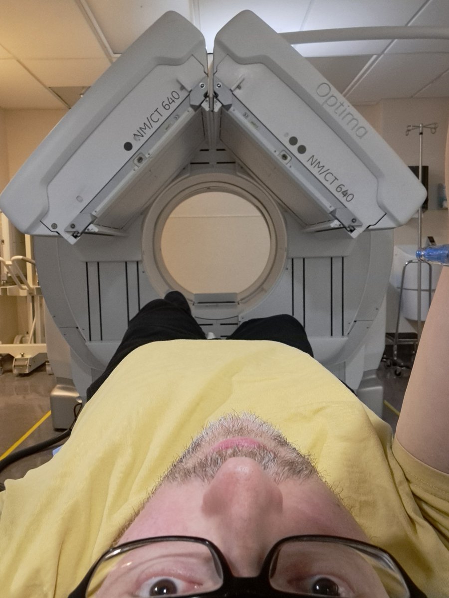 Me, this morning, benefitting from medical radioisotopes. I'm not sure if they were made-in-Canada isotopes as the atoms were pretty small &amp; I couldn't see a maple leaf. Brought the Geiger counter home with me &amp; it's clicking muchly, so good job I'm not wearing my dosimetry...