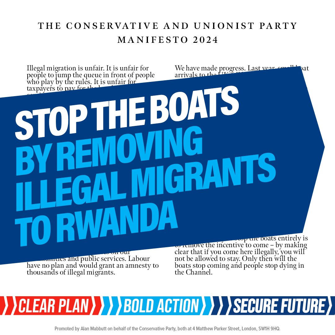 manoj2477's tweet photo. The Conservatives' manifesto outlines a clear plan to bring migration down. 

Removing those who come here illegally to Rwanda, and capping migration. 

Labour would make the UK a magnet for illegal migrants and let people smugglers decide who comes to our country. https://t.co/hHjmflNCDX