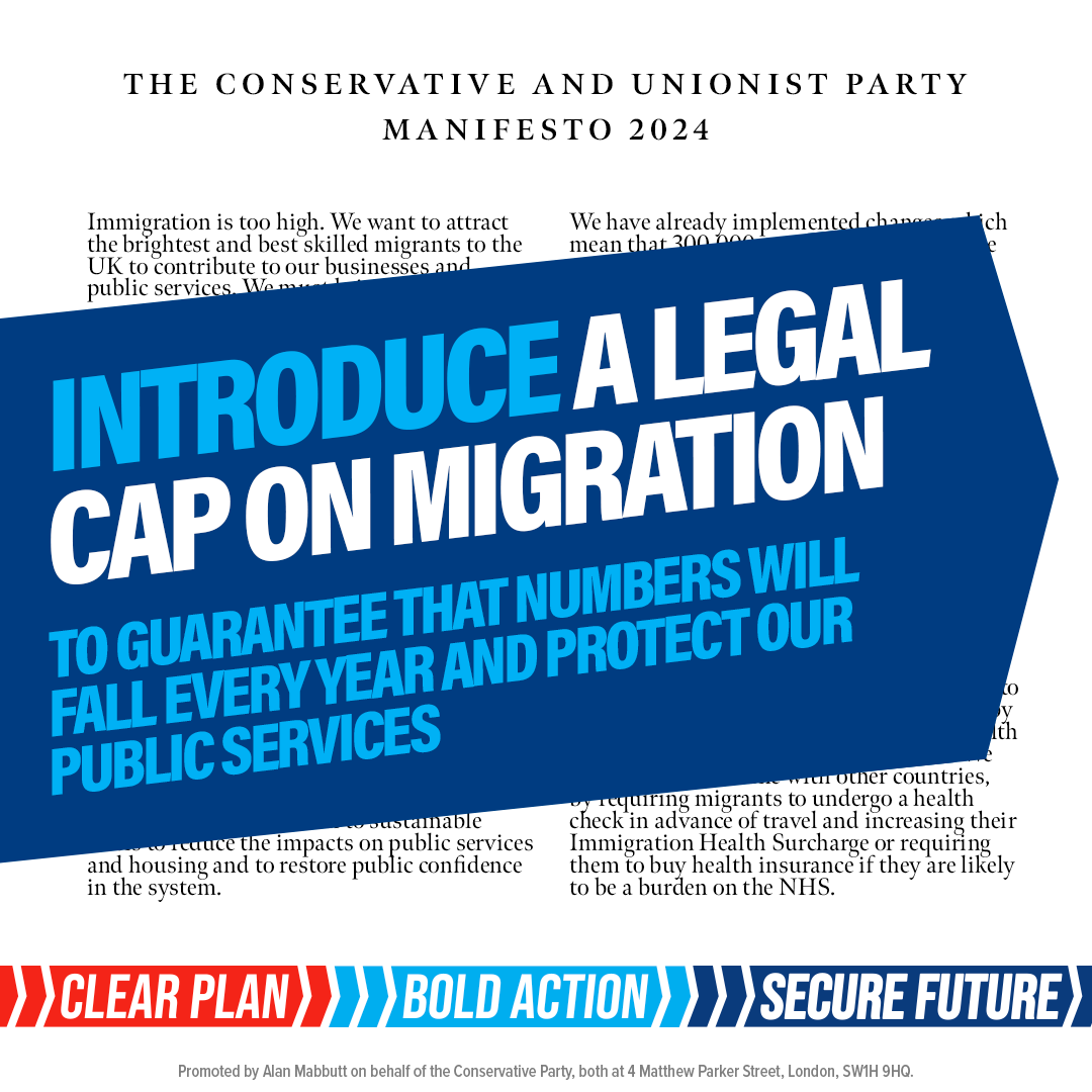 manoj2477's tweet photo. The Conservatives' manifesto outlines a clear plan to bring migration down. 

Removing those who come here illegally to Rwanda, and capping migration. 

Labour would make the UK a magnet for illegal migrants and let people smugglers decide who comes to our country. https://t.co/hHjmflNCDX