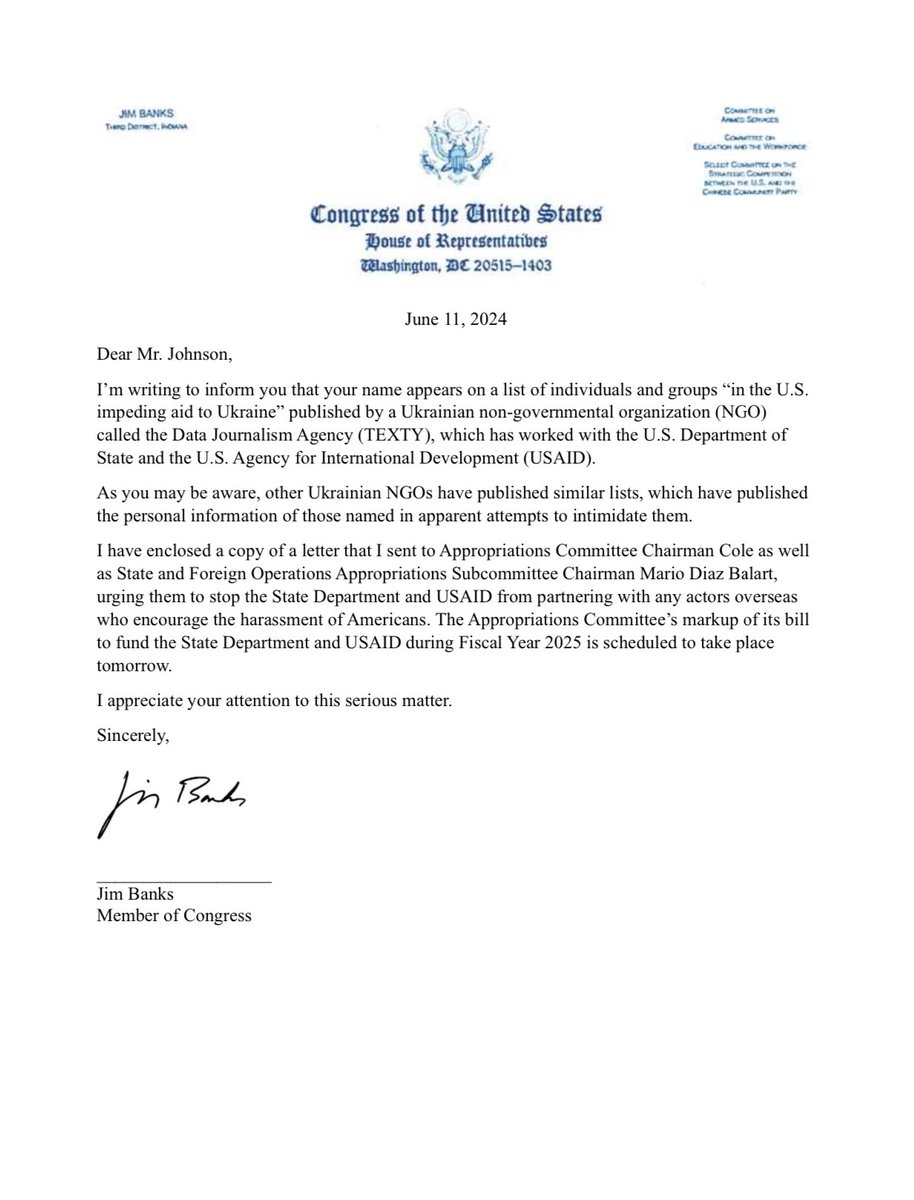 bennyjohnson's tweet photo. I have just received this letter from Chairman @Jim_Banks notifying me I've been placed on a US-funded Ukrainian watchlist for daring to suggest that our boys in uniform should not be sent to fight for other nations overseas.

Joe Biden is actively weaponizing American tax dollars against civilians to silence opposition to his backwards agenda.

If you dare speak against his anti-Americanism, the current Regime will coordinate with foreign nationals to place you on a "watchlist."

This is evil.