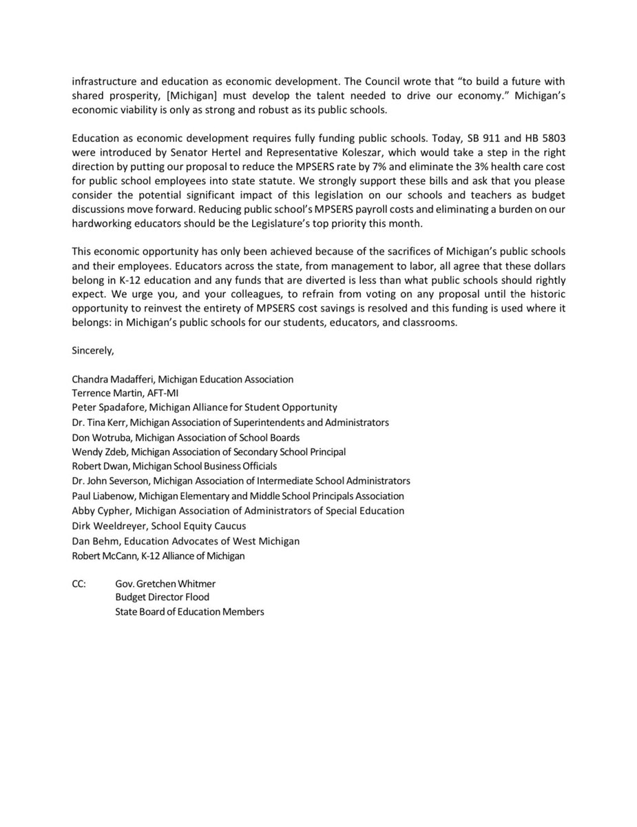 DylanWegela's tweet image. Education groups joint letter on SOAR extension. 

“Reenacting SOAR would be the continuation of failed economic policy straight from the Engler and Snyder playbook.“