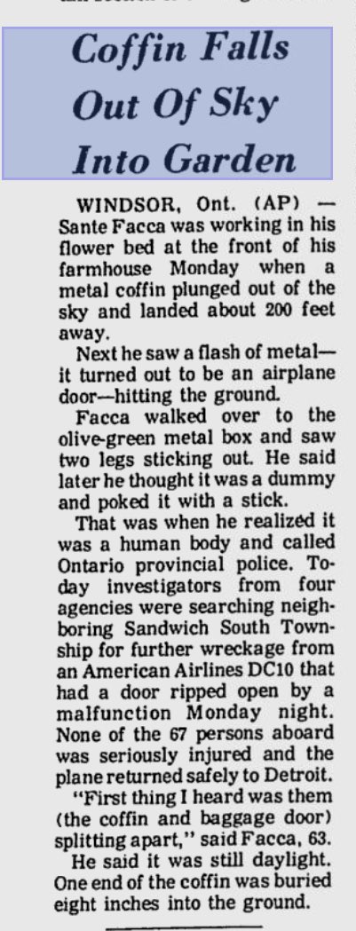 OnDisasters's tweet photo. #ThreadA curious note on this incident was that, when the cargo door failed, a coffin was ejected from the hold. A farmer in Ontario later found the said remains, as detailed in this newspaper clipping. Thanks to @StrikerPlanes for reminding this one. (por clip coffin) https://t.co/t2WzczV6yA