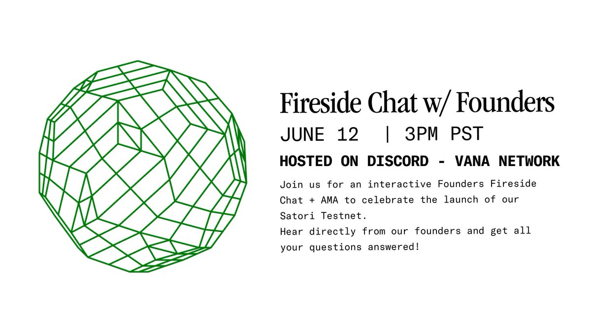 vana's tweet photo. Join our founders tomorrow for a fireside chat and AMA discussing the launch of Satori Testnet.

📅 Time: June 12th, 3pm PST

Hosted on our Discord ⤵️
 https://t.co/HL8xRiDqkw

Drop us any questions you have for the event! https://t.co/R9bdEl5cSG