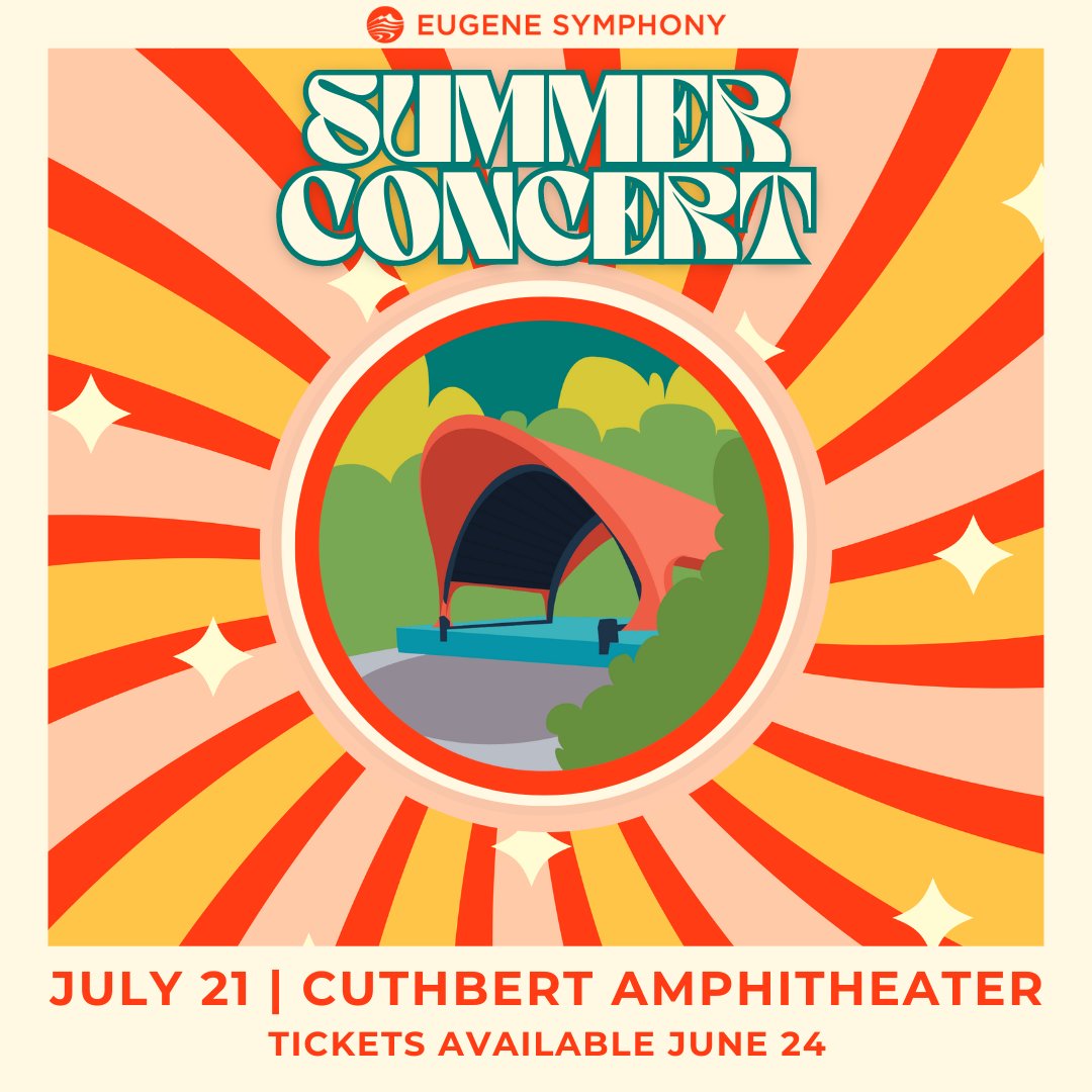 ANNOUNCEMENT: On Sunday, July 21st, Eugene Symphony will take stage at Cuthbert Amphitheater for the 15th time for the annual Symphony in the Park concert. 
Tickets will be available on Monday, June 24th at 10am via CascadeTickets/eTix.