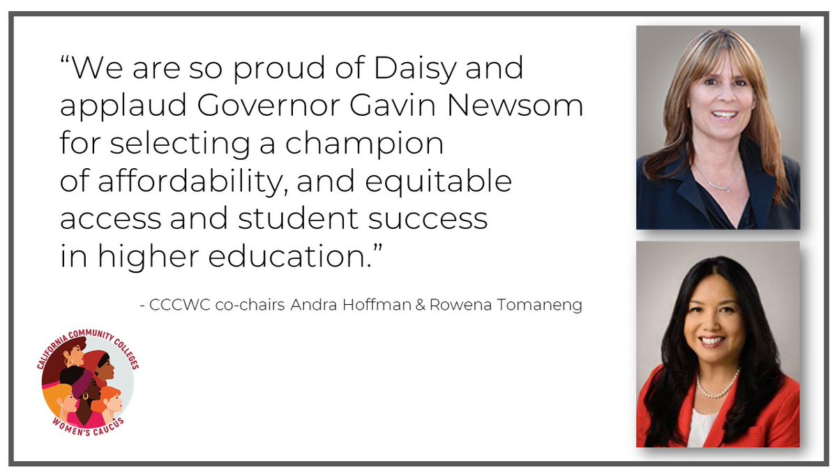 CCC Women's Caucus (@cccwomenscaucus) on Twitter photo “We are so proud of Daisy and applaud Gov. <a href="/GavinNewsom/">Gavin Newsom</a> for selecting a champion of affordability, and equitable access and student success in higher education”, said co-chairs <a href="/andra_hoffman/">Andra Hoffman</a> & @Rowena_SJCCPrez . “We are so proud of Daisy and applaud Gov. <a href="/GavinNewsom/">Gavin Newsom</a> for selecting a champion of affordability, and equitable access and student success in higher education”, said co-chairs <a href="/andra_hoffman/">Andra Hoffman</a> & @Rowena_SJCCPrez .