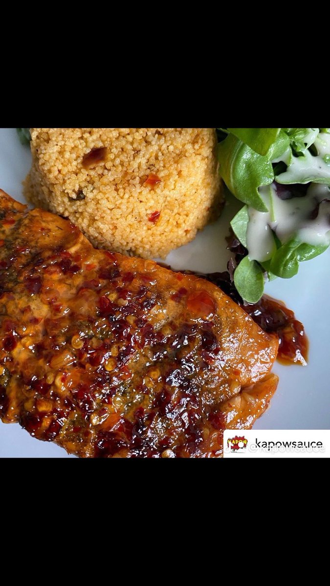 Kapowsauce's tweet photo. The kitchen is now closed…Oven baked salmon layer of kabustion chilli crust topping. Couscous &amp; last of the salad nice easy meal 🍽️ 

#salmon #dinnertonight #salmón #kapow #kapowsauce💥 #kapowsaucekitchen #kapowsaucefamily #kapowsaucerange  #alwayswalkwiththesauce #salmonfishing https://t.co/Tr7ukcxkTM