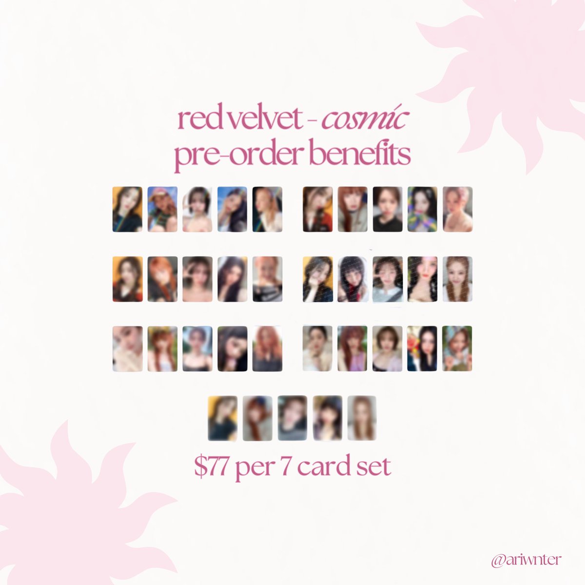 ariwnter's tweet photo. usa based/ww friendly group order
red velvet - "cosmic" pob/pre-order benefit member claims
———
❋ ems + dom will be collected at a later date
❋ each $77 claim comes with all 7 korean benefits (pob only)
❋ set price is subject to increase if not all members are claimed https://t.co/QiPZlpN2Cf