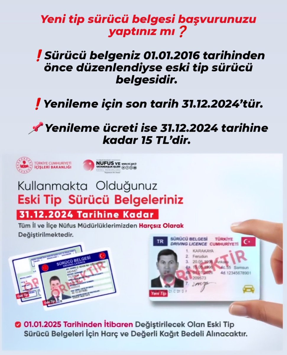 AliDaglioglu37's tweet photo. Yeni Kimlik Kartı Başvurunuzu ve Yeni tip Sürücü Belgesi başvurunuzu yapmadıysanız biran önce yapmanız önemle duyurulur. @TC_icisleri @numanhatipoglu @tokatvaliligi @TCNufus https://t.co/yMPliOKG6a