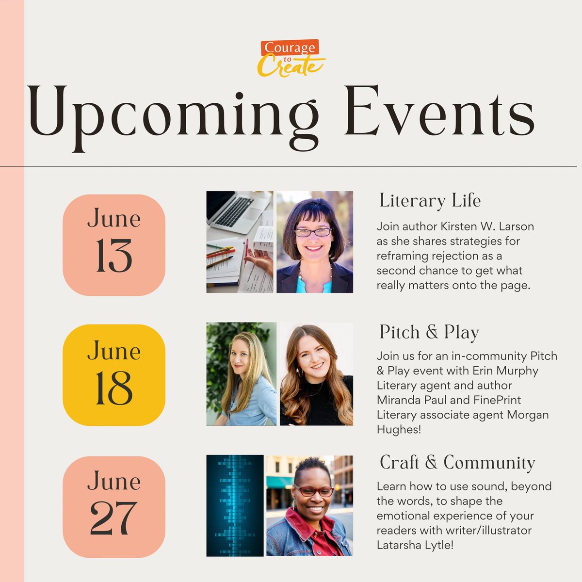 Courage to Create Community with Bethany Hegedus (@ctcwriters) on Twitter photo Happening this month at the Courage to Create! 🗓️
Don’t miss out on our upcoming events with agents <a href="/Miranda_Paul/">Miranda Paul</a> & Morgan Hughes, author Latarsha Lytle, and author <a href="/KirstenWLarson/">Kirsten W. Larson --NOT ACTIVE HERE</a>.
Sign up here: courage.thewritingbarn.com/courage-to-cre… Happening this month at the Courage to Create! 🗓️
Don’t miss out on our upcoming events with agents <a href="/Miranda_Paul/">Miranda Paul</a> & Morgan Hughes, author Latarsha Lytle, and author <a href="/KirstenWLarson/">Kirsten W. Larson --NOT ACTIVE HERE</a>.
Sign up here: courage.thewritingbarn.com/courage-to-cre…