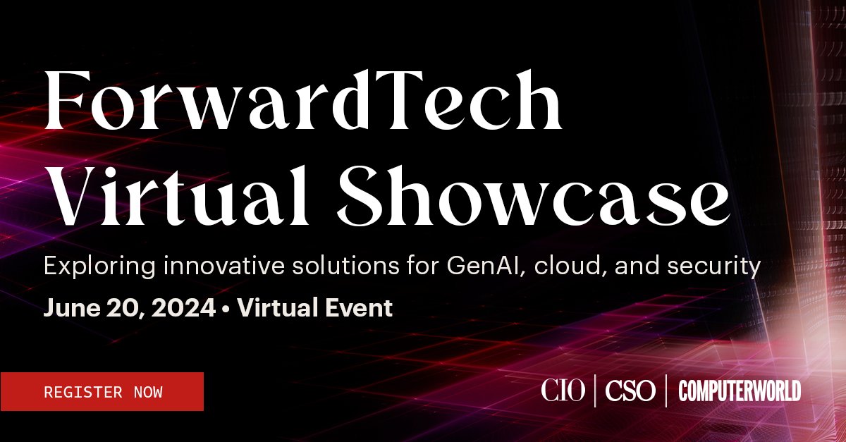 Computerworld's tweet photo. Mark your calendar for the ForwardTech Virtual Showcase on June 20. Explore GenAI's transformative potential, cloud computing trends, & cybersecurity best practices. Don't miss out on the future! Register: https://t.co/xUAhiU4CTZ
#ForwardTech #Innovation #GenAI https://t.co/1Np2jBc62m