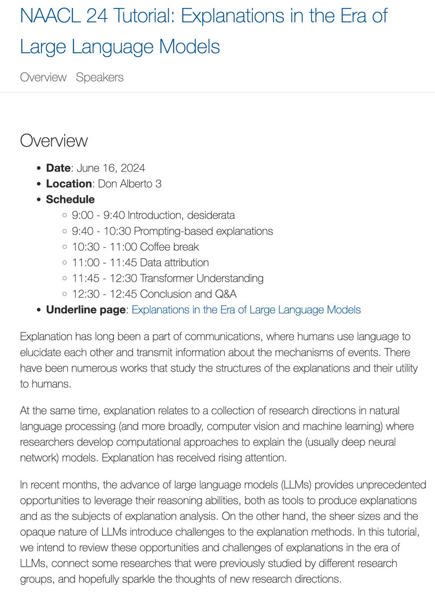 Zining Zhu (@zhuzining) on Twitter photo Our NAACL 24 tutorial "Explanation in the Era of Large Language Models" will be presented on June 16 morning at Don Alberto 3! The tutorial website is at explanation-llm.github.io w/ <a href="/hanjie_chen/">Hanjie Chen</a> <a href="/xiye_nlp/">Xi Ye</a> <a href="/ChenhaoTan/">Chenhao Tan</a> <a href="/anmarasovic/">Ana Marasović</a> <a href="/sarahwiegreffe/">Sarah Wiegreffe</a> <a href="/VeronicaLyu/">Veronica Qing Lyu</a> Our NAACL 24 tutorial "Explanation in the Era of Large Language Models" will be presented on June 16 morning at Don Alberto 3! The tutorial website is at explanation-llm.github.io w/ <a href="/hanjie_chen/">Hanjie Chen</a> <a href="/xiye_nlp/">Xi Ye</a> <a href="/ChenhaoTan/">Chenhao Tan</a> <a href="/anmarasovic/">Ana Marasović</a> <a href="/sarahwiegreffe/">Sarah Wiegreffe</a> <a href="/VeronicaLyu/">Veronica Qing Lyu</a>