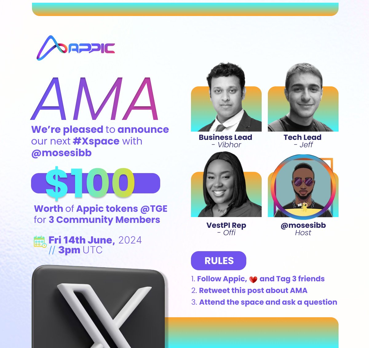 Join us on Friday, June 14th at 3 PM UTC for our next #Xspace with <a href="/mosesibb/">Moses ∞</a> ! 🚀 

Don't miss this insightful session and your chance to win $100 worth of Appic tokens at TGE! 🎁 

To participate and be eligible for the giveaway:

1️⃣ Follow <a href="/Appic_ICP/">Appic DAO</a>
2️⃣ Like &amp; retweet this