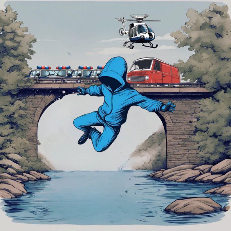 They can block the roads, but they can’t block the water….

***💦 SPLASH 💦***

Johnny leaps from the bridge to evade the cops. 

“You’ll never catch me bro”

“Purrtrol 647 we’re gonna need K-9 unit at Conviction bridge, over”