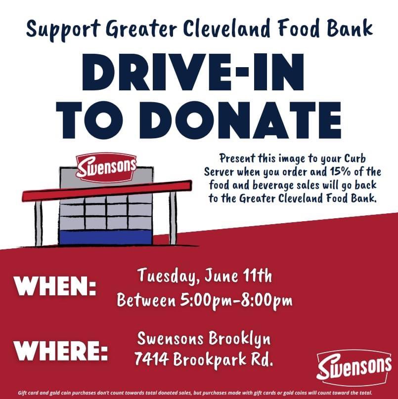 Heyyyy tonight at <a href="/SwensonsDriveIn/">Swensons Drive-In</a> Brooklyn! Show your support for <a href="/CleFoodBank/">Greater Cleveland Food Bank</a> &amp; we get 15% 5-8 pm! Calling all #swenatic
