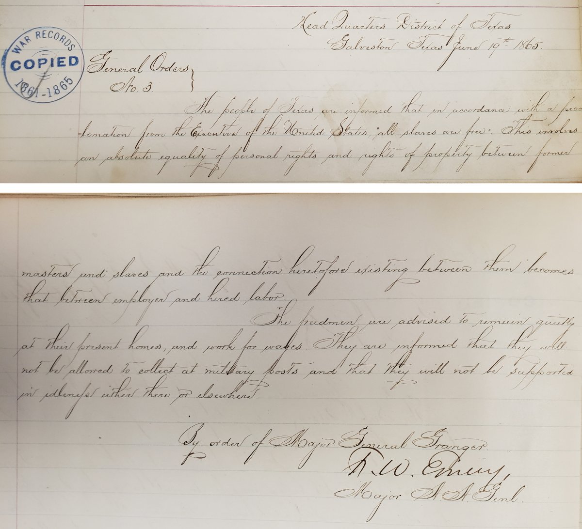 LastMFLeft's tweet photo. On June 19, 1865, U.S. Maj. Gen. Gordon Granger issued General Order No. 3, which informed the people of Texas that all enslaved people were now free. Granger commanded the Headquarters District of Texas, and his troops had arrived in Galveston the previous day. #Juneteenth https://t.co/ePRUMQMF2g