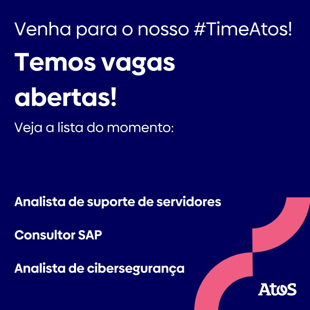 Essas são algumas das oportunidades que temos em nosso #TimeAtos no  
momento! 
 
Para se inscrever em nossas vagas, basta acessar a nossa página no LinkedIn! 

linkedin.com/company/atos/
 
#Atos #AtosBrasil #VagasAbertas #Vagas #Recrutamento #TI