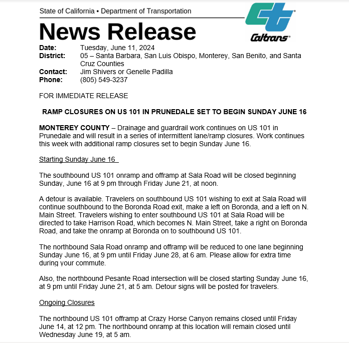 CaltransD5's tweet photo. The southbound #US101 on and offramps at Sala Road in #Prunedale will close at noon on Sunday June 16, thru Friday June 21 at noon, due to ongoing drainage and guardrail work. The NB offramp at Crazy Horse Canyon remains closed until 6/14 at noon with NB onramp closed until 6/19. https://t.co/BwmRblYn2J