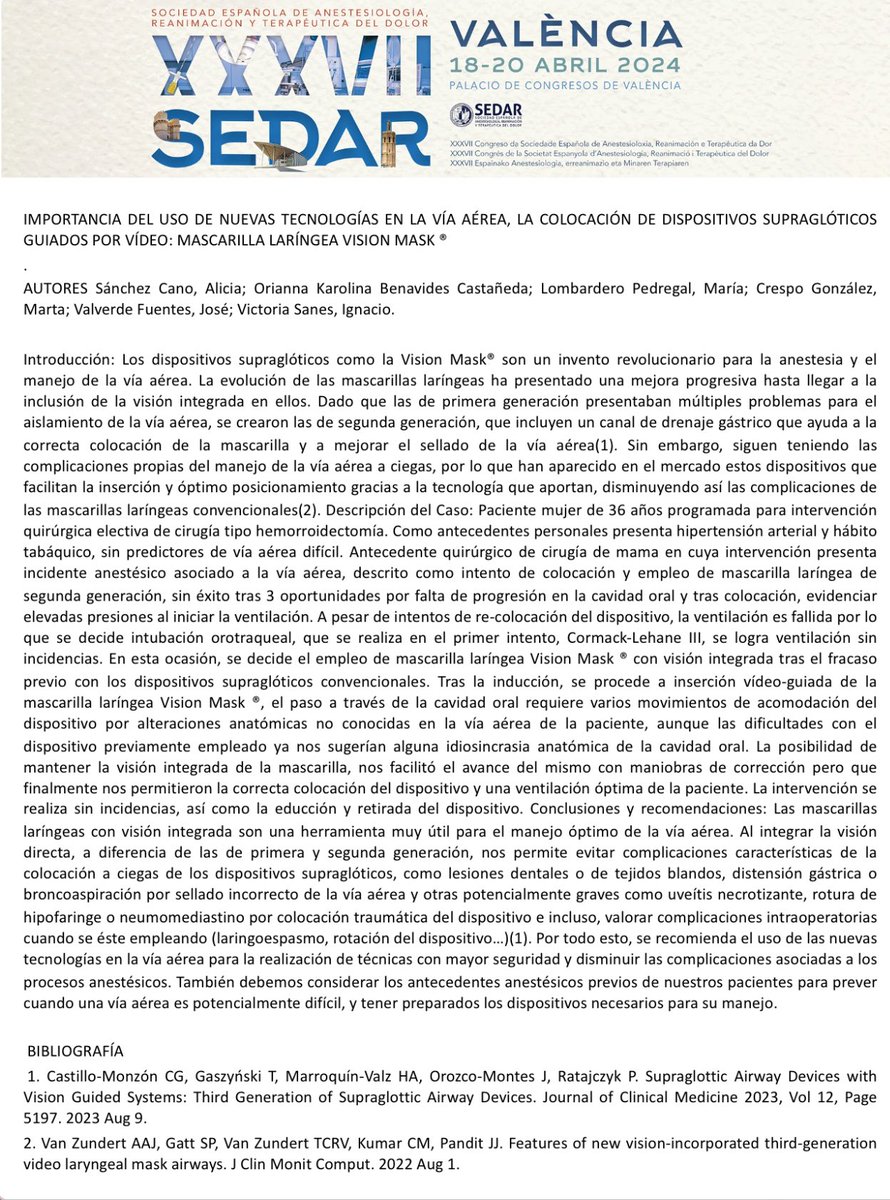 IMPORTANCIA DEL USO DE NUEVAS TECNOLOGÍAS EN LA VÍA AÉREA, LA COLOCACIÓN DE DISPOSITIVOS SUPRAGLÓTICOS GUIADOS POR VÍDEO: MASCARILLA LARÍNGEA VISION MASK ® #SEDAR Valencia 2024 y #PMH con #VisionMask aportando valor y seguridad. 1ªLMA de 3ªGeneracion.
CHU de Cartagena