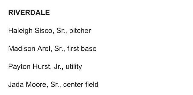 I am honored to be recognized for the following awards for the 2024 HS Season. 

All District Team
All County Team

Congratulations to everyone! 
<a href="/_RHS_SOFTBALL/">Riverdale Softball</a> <a href="/jadammoo/">Jada Moore</a> <a href="/HaleighSisco/">Haleigh Sisco</a> <a href="/MaddieArel/">Madison Arel</a> 

<a href="/fury_07/">Fury 18U Premier</a>