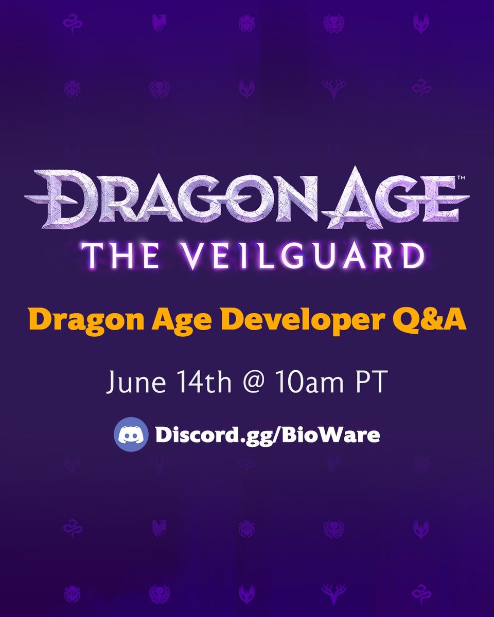 dragonage's tweet photo. This Friday, we'll be hosting a Q&amp;A session with the team behind #DragonAge: The #Veilguard!

Head on over to our Discord server to drop your questions! https://t.co/o7ssTbUpHE https://t.co/27nvVgeqzW