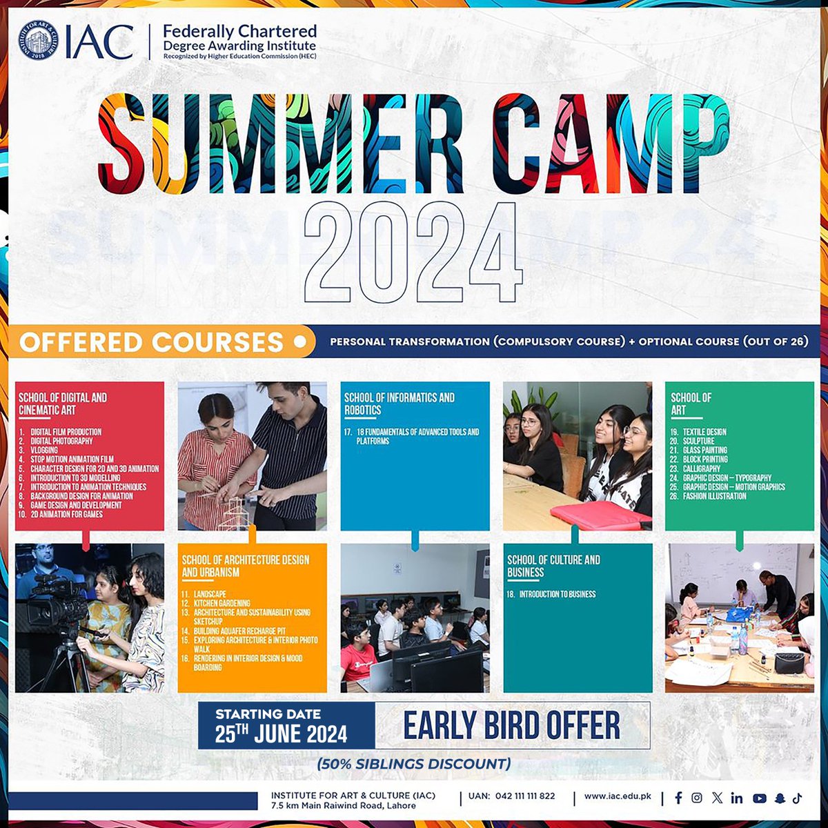 iacofficials's tweet photo. At the 𝗜𝗔𝗖 𝗦𝘂𝗺𝗺𝗲𝗿 𝗖𝗮𝗺𝗽,we believe in nurturing individual's unique talents and interests.Our diverse range of activities caters to a wide spectrum of passions

Age: 12-18 years
SIBLINGS DISCOUNT:50%
Register Now!
Visit us: https://t.co/8egkDa9vwQ
042 -111- 111- 822 https://t.co/bzRT6jgKkR