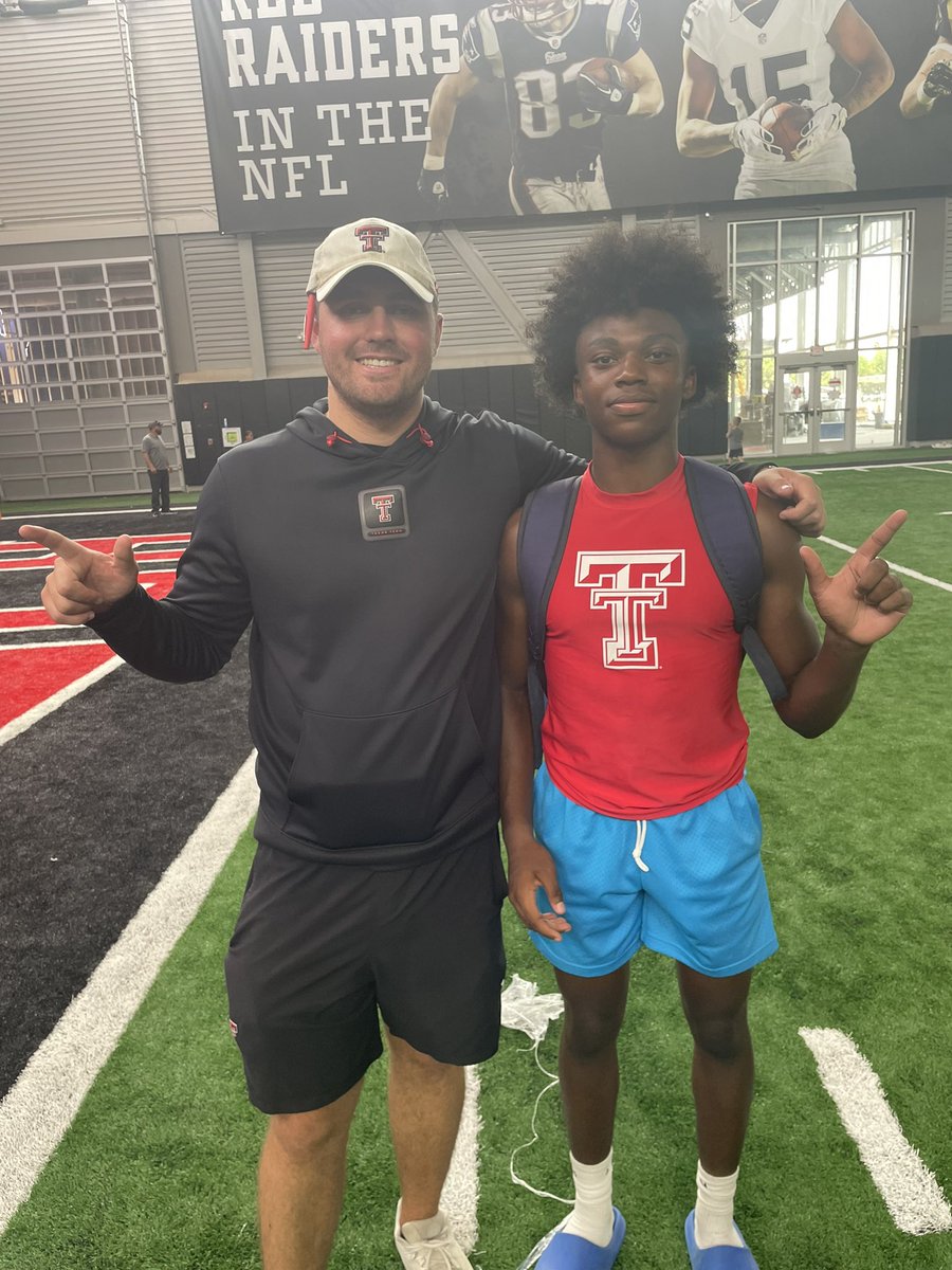 JordanMitch2026's tweet photo. Had a great time competing at the @TexasTechFB camp this past weekend. Thank you @CoachYates77 and @Coach_Conry for teaching me new things and thank you @Coach_Vasey for the invite! #WreckEm #GunsUp @JoeyMcGuireTTU @recruitelkinsfb @CoachTGr @Jalil_Johnson21 @dctf @GPowersScout https://t.co/CMMrd48ZiT