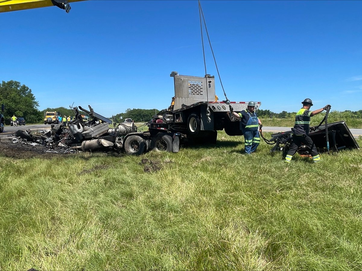 MoDOT_KC's tweet photo. On June 10, MoDOT trucks were hit on MO-7 in Cass County. Because they were buckled, the employees in the trucks are okay. They were able to take quick action to evacuate before a fire engulfed the vehicles. Please watch out for our crews. Buckle up, phone down. #kctraffic #bupd https://t.co/XCTboZ3OwW