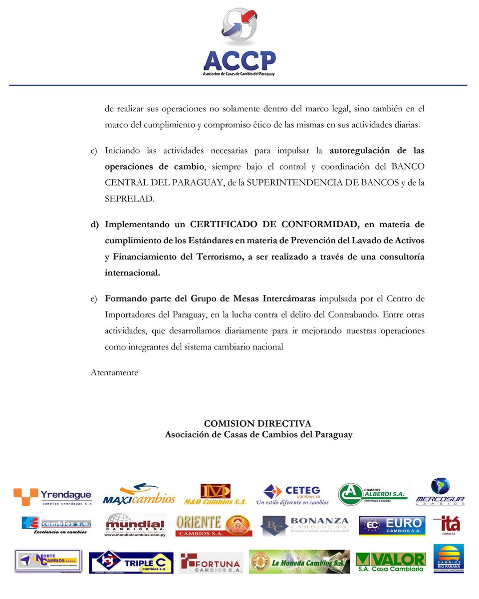 La Asociación de Casas de Cambio ( ACCP) manifesta su repudio a las expresiones de la abogada Cecilia Pérez. Las Casas de Cambio como Bancos nos encontramos supervisados por el <a href="/BCP_PY/">Banco Central del Paraguay</a> . <a href="/ABCCardinal/">ABC Cardinal 730 AM</a> <a href="/UltimaHoracom/">Última Hora</a>