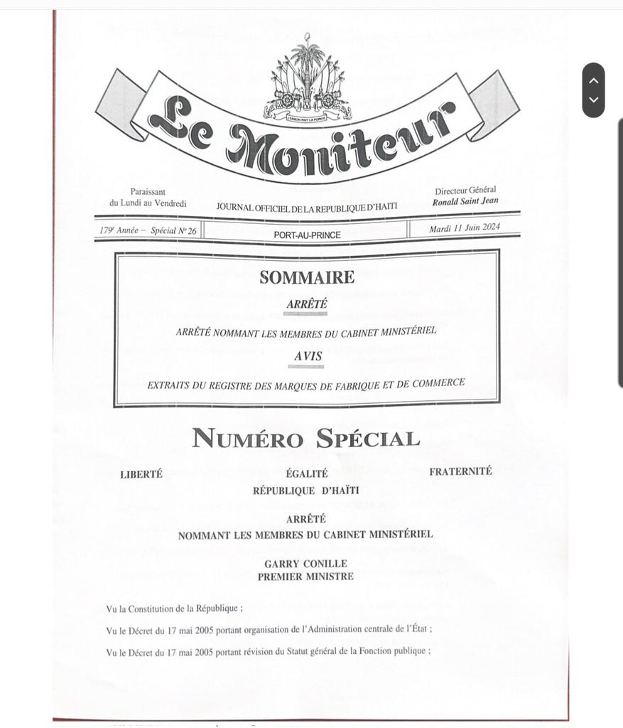 Non minis yo pibliye nan jounal le Moniteur,madi 11 juin 2024 la. Enstalasyon an ta dwe fèt mèkredi 12 juin an selon enfomasyon yo.