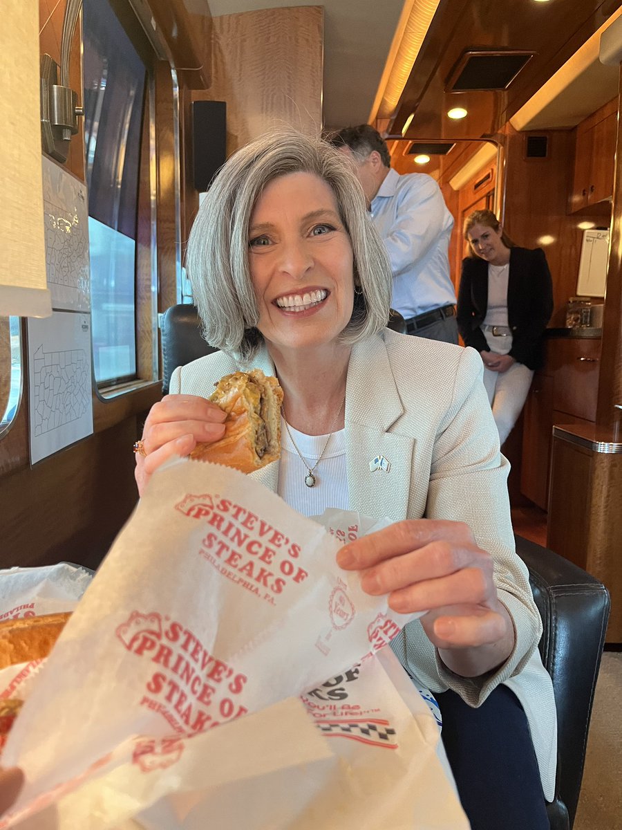 joniernst's tweet photo. Hitting a Philly favorite lunch spot with @DaveMcCormickPA before getting back on the road to visit with Pennsylvanians! #OnToTheNextStop https://t.co/VhItlwvgPL