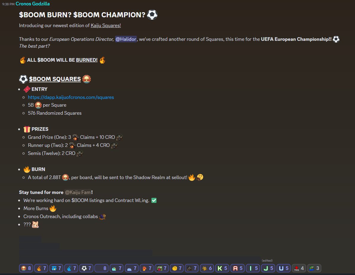 Halidor | (@halidor1) on Twitter photo For the upcoming #EURO2024 , <a href="/KAIJU_OF_CRONOS/">KAIJU OF CRONOS π¦</a> is hosting a Squares game - Mint with $BOOM now at twtr.to/M2y-8 (or go to the dApp) Let's get the party started. and the tournament rolling <a href="/Boom_Cronos/">Atomic $Boom</a> #CRO #BOOM #CROfam For the upcoming #EURO2024 , <a href="/KAIJU_OF_CRONOS/">KAIJU OF CRONOS π¦</a> is hosting a Squares game - Mint with $BOOM now at twtr.to/M2y-8 (or go to the dApp) Let's get the party started. and the tournament rolling <a href="/Boom_Cronos/">Atomic $Boom</a> #CRO #BOOM #CROfam