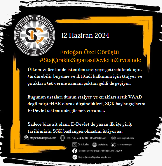 STAJ VE ÇIRAKLIK SİGORTASI MAĞDURLARI FEDERASYONU (@cirakstajfed) on Twitter photo Bir kez daha Devletin zirvesinde konuşulduk.
<a href="/RTErdogan/">Recep Tayyip Erdoğan</a>
<a href="/Akparti/">AK Parti</a>
<a href="/hasanturantr/">Hasan Turan 🇹🇷🇵🇸</a>
<a href="/eczozgurozel/">Özgür Özel</a>
<a href="/herkesicinCHP/">CHP 🇹🇷</a>
<a href="/melih_meric/">Melih Meriç</a>
<a href="/kanko_muhip/">Prof. Dr. Mühip Kanko</a>
<a href="/fethigurer/">Ömer Fethi Gürer</a>
<a href="/gamzetascier/">Gamze ŞENGEL TAŞCIER</a>
<a href="/_cevdetyilmaz/">Cevdet Yılmaz</a>
<a href="/memetsimsek/">Mehmet Simsek</a>
<a href="/Yusuf__Tekin/">Yusuf Tekin</a>
<a href="/isikhanvedat/">Prof. Dr. Vedat Işıkhan</a>
<a href="/dbdevletbahceli/">Devlet Bahçeli</a>
<a href="/MHP_Bilgi/">MHP</a>
<a href="/erkanakcay45/">Erkan Akçay</a>
<a href="/akbasogluemin/">Av. M.Emin AKBAŞOĞLU 🇹🇷</a> Bir kez daha Devletin zirvesinde konuşulduk.
<a href="/RTErdogan/">Recep Tayyip Erdoğan</a>
<a href="/Akparti/">AK Parti</a>
<a href="/hasanturantr/">Hasan Turan 🇹🇷🇵🇸</a>
<a href="/eczozgurozel/">Özgür Özel</a>
<a href="/herkesicinCHP/">CHP 🇹🇷</a>
<a href="/melih_meric/">Melih Meriç</a>
<a href="/kanko_muhip/">Prof. Dr. Mühip Kanko</a>
<a href="/fethigurer/">Ömer Fethi Gürer</a>
<a href="/gamzetascier/">Gamze ŞENGEL TAŞCIER</a>
<a href="/_cevdetyilmaz/">Cevdet Yılmaz</a>
<a href="/memetsimsek/">Mehmet Simsek</a>
<a href="/Yusuf__Tekin/">Yusuf Tekin</a>
<a href="/isikhanvedat/">Prof. Dr. Vedat Işıkhan</a>
<a href="/dbdevletbahceli/">Devlet Bahçeli</a>
<a href="/MHP_Bilgi/">MHP</a>
<a href="/erkanakcay45/">Erkan Akçay</a>
<a href="/akbasogluemin/">Av. M.Emin AKBAŞOĞLU 🇹🇷</a>
