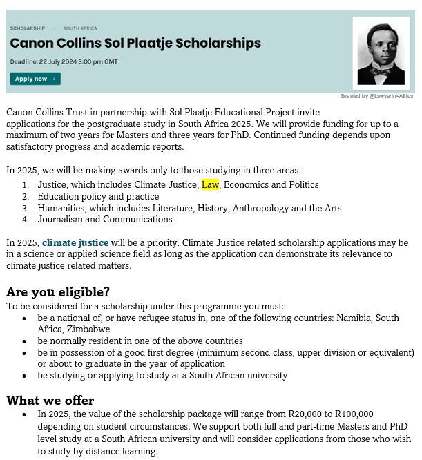 Canon Collins Sol Plaatje Scholarships
Deadline: July 22
canoncollins.org/scholarships/c…
