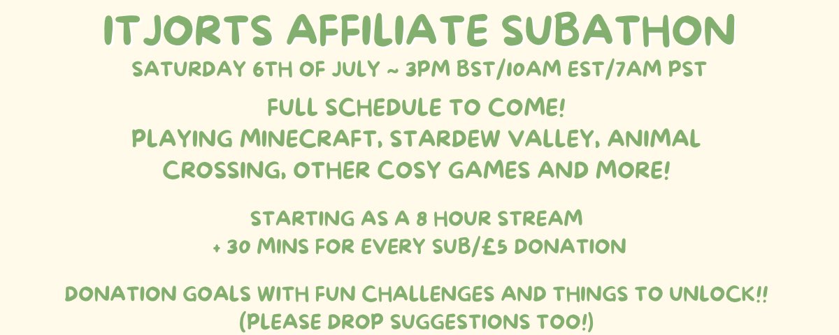 Officially have a date for my affiliate celebration stream! I will be doing 8 hours minimum but every sub/£5 donation will add 30 mins to the time up to 24 hours! Also if we hit 24 hours, the time can keep adding and there will be a second stream also up to 24 hours!