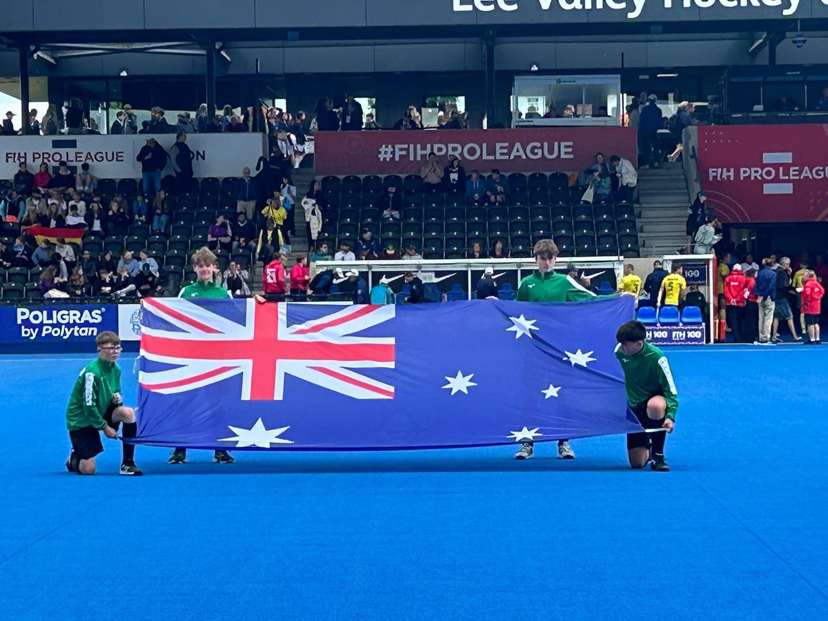 HGSSport's tweet photo. HOCKEY Well done to our U14 squad members who today acted as flag bearers &amp; ball patrol at the FIH Pro League Game at Lee Valley ⚪️⚫️🔴🏑 https://t.co/MnC5B4YMRq