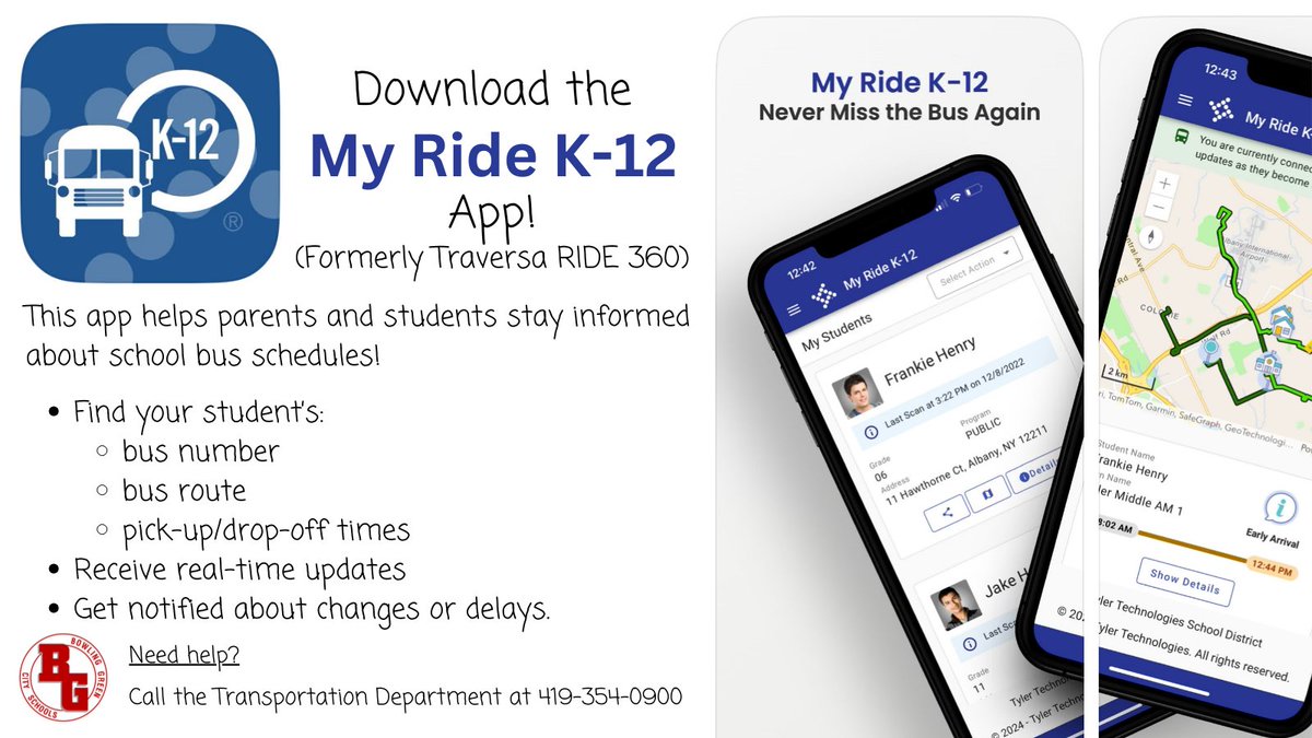 BG Schools (@bgschools) on Twitter photo Parents & guardians of students who ride the bus can download and use the updated My Ride K-12 app. For info, links to download the app & instructions: bgcs.k12.oh.us/district/trans…
<a href="/BGBobcatBus/">Toby Snow</a> <a href="/mjbechstein/">Michel</a> <a href="/DanBlackBGCS/">Dan Black</a> <a href="/bethutz/">Beth Utz</a> <a href="/KaraffaAlyssa/">Alyssa Karaffa</a> <a href="/Zeb_Kellough/">Zeb Kellough</a> <a href="/ERadabaughBGCS/">Eric Radabaugh</a> Parents & guardians of students who ride the bus can download and use the updated My Ride K-12 app. For info, links to download the app & instructions: bgcs.k12.oh.us/district/trans…
<a href="/BGBobcatBus/">Toby Snow</a> <a href="/mjbechstein/">Michel</a> <a href="/DanBlackBGCS/">Dan Black</a> <a href="/bethutz/">Beth Utz</a> <a href="/KaraffaAlyssa/">Alyssa Karaffa</a> <a href="/Zeb_Kellough/">Zeb Kellough</a> <a href="/ERadabaughBGCS/">Eric Radabaugh</a>